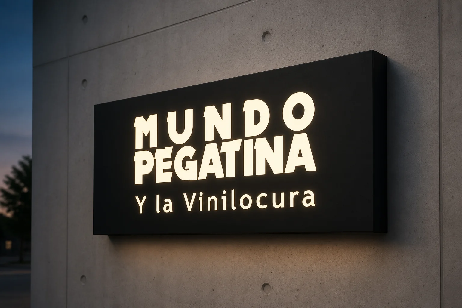 Bandeja de composite negro con letras caladas iluminadas sobre pared de hormigón