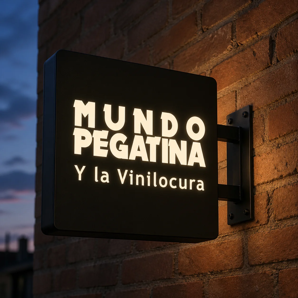 Banderola cuadrada calada luminosa de composite negro con letras iluminadas sobre pared de ladrillo