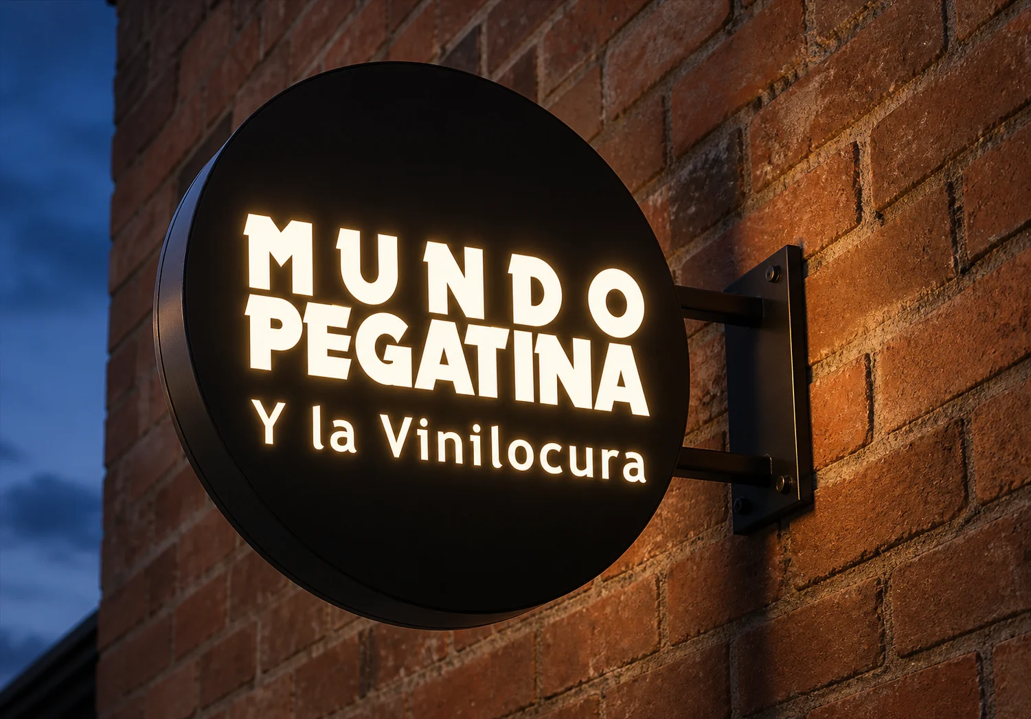 Banderola luminosa redonda de composite negro con letras caladas iluminadas sobre pared de ladrillo