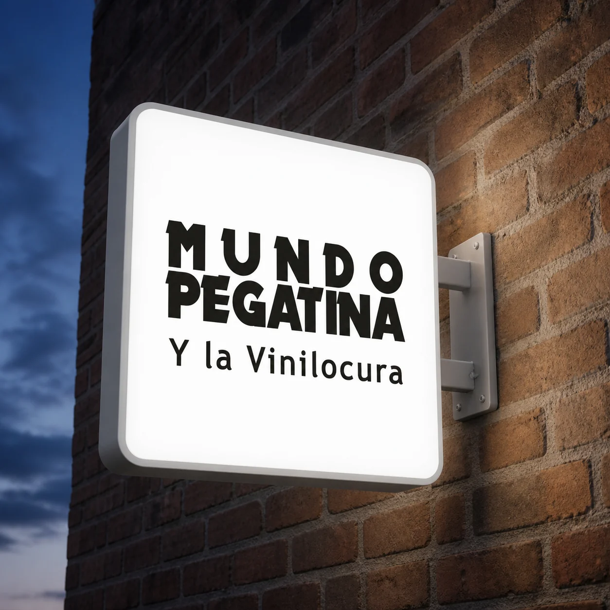 Banderola luminosa cuadrada con frontal de metacrilato iluminado sobre pared de ladrillo