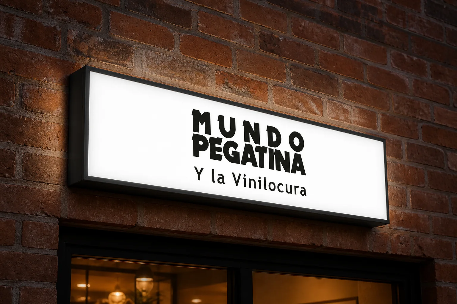 Rótulo cajón luminoso alargado con frontal de metacrilato iluminado sobre pared de ladrillo