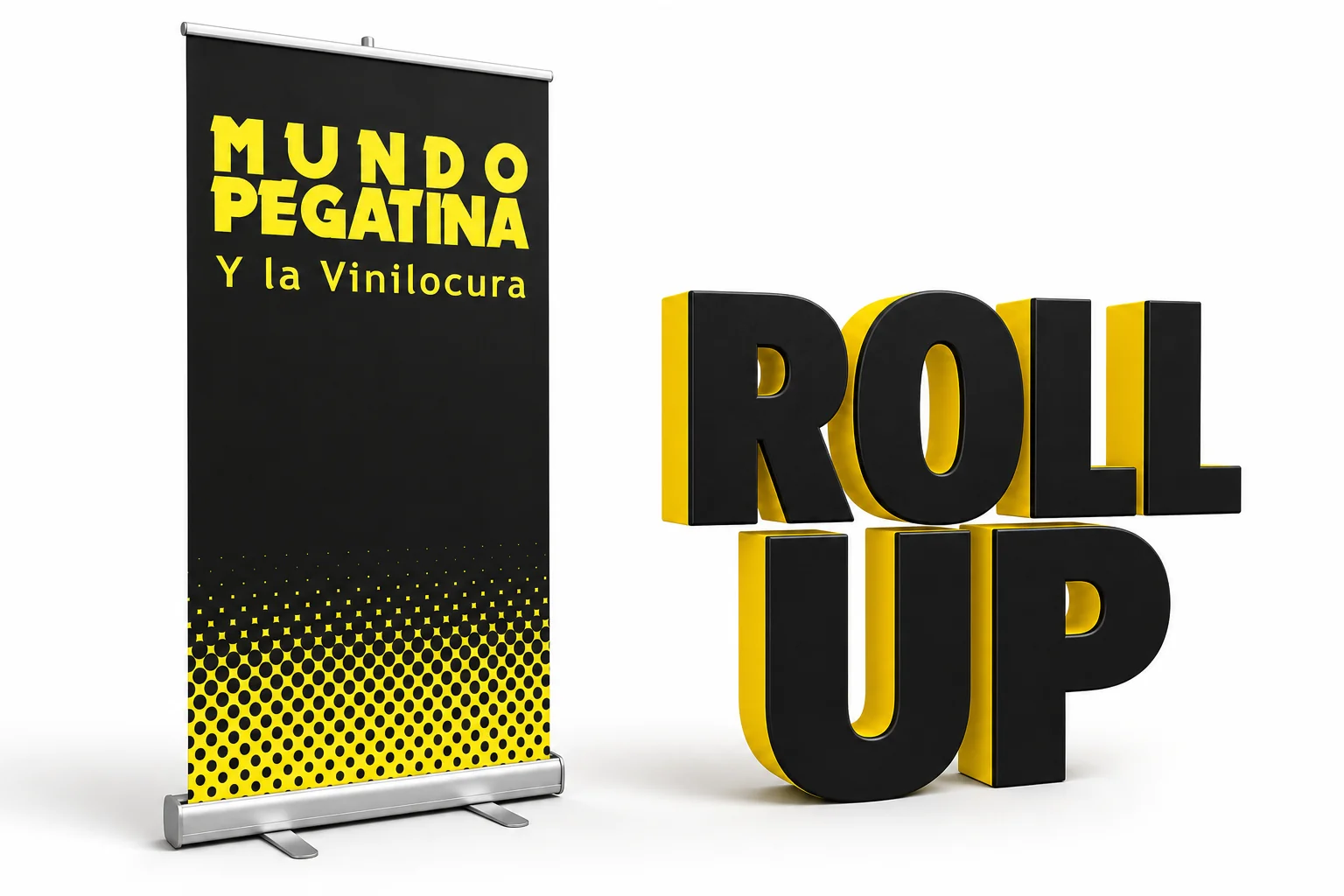 Roll up con lona negra y amarilla de MundoPegatina junto a letras 3D
