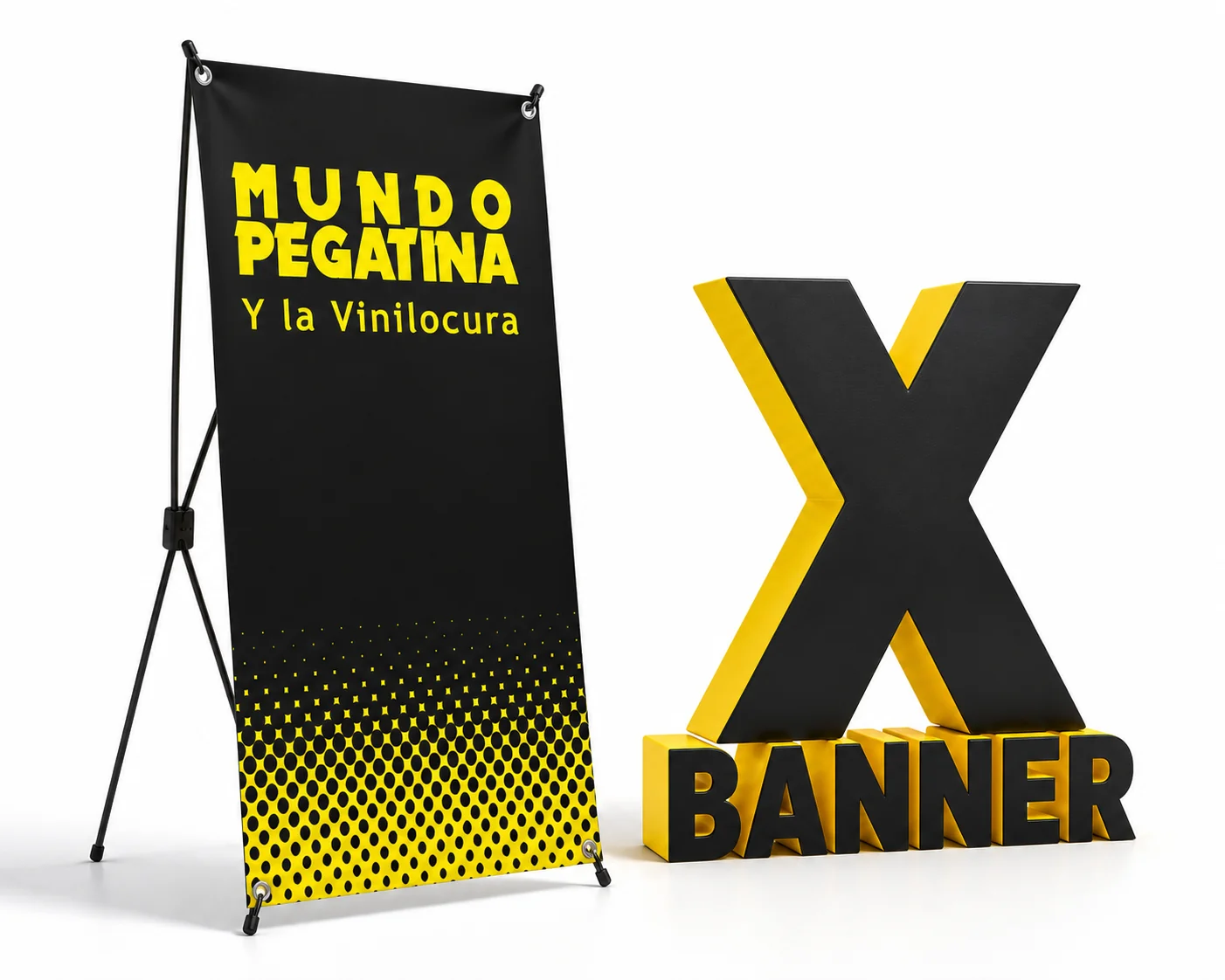 X-banner con lona negra y amarilla de MundoPegatina junto a letras 3D